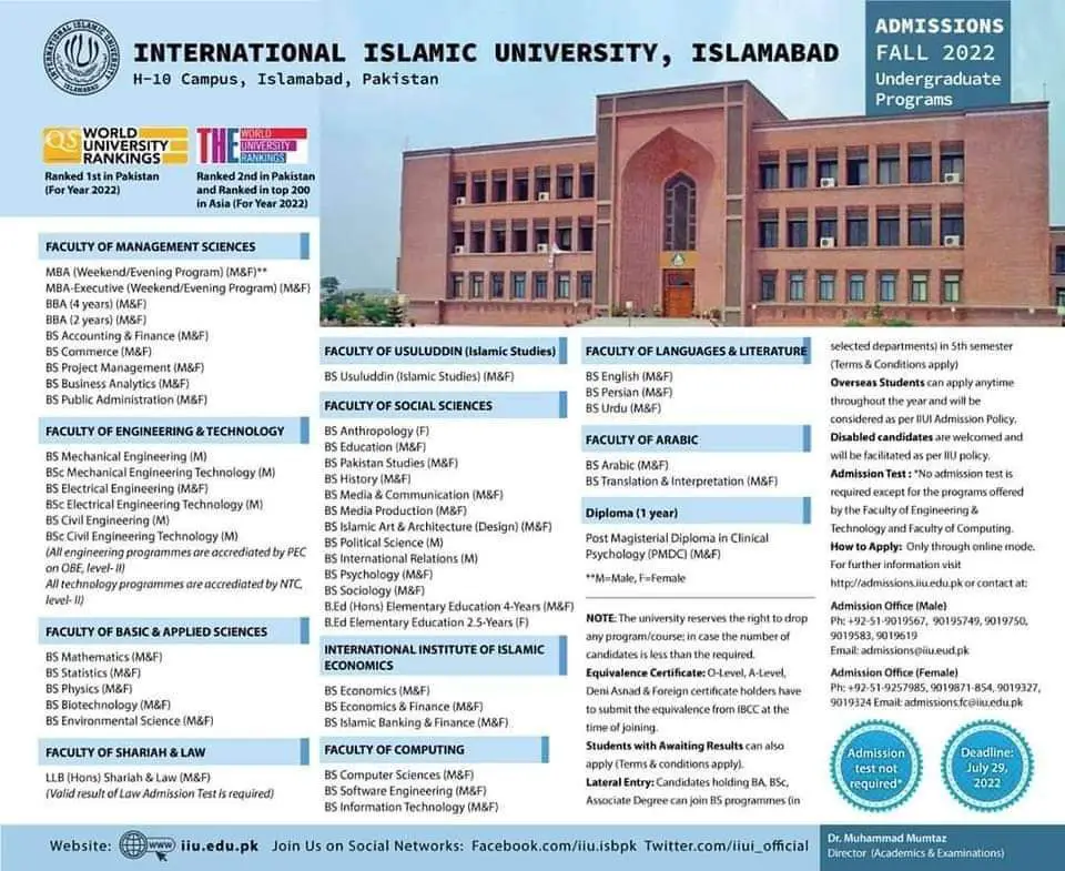 International Islamic University admissions June 2022