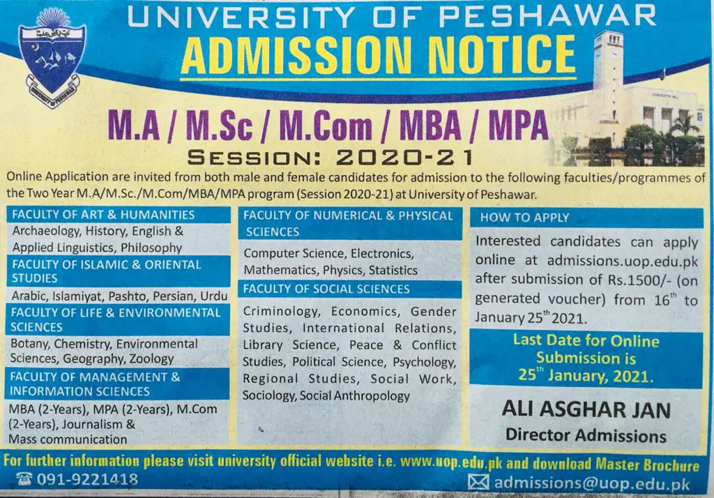 University of Peshawar Admissions Jan 2021