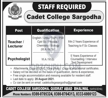 Psychologist Job at Cadet College August 2021