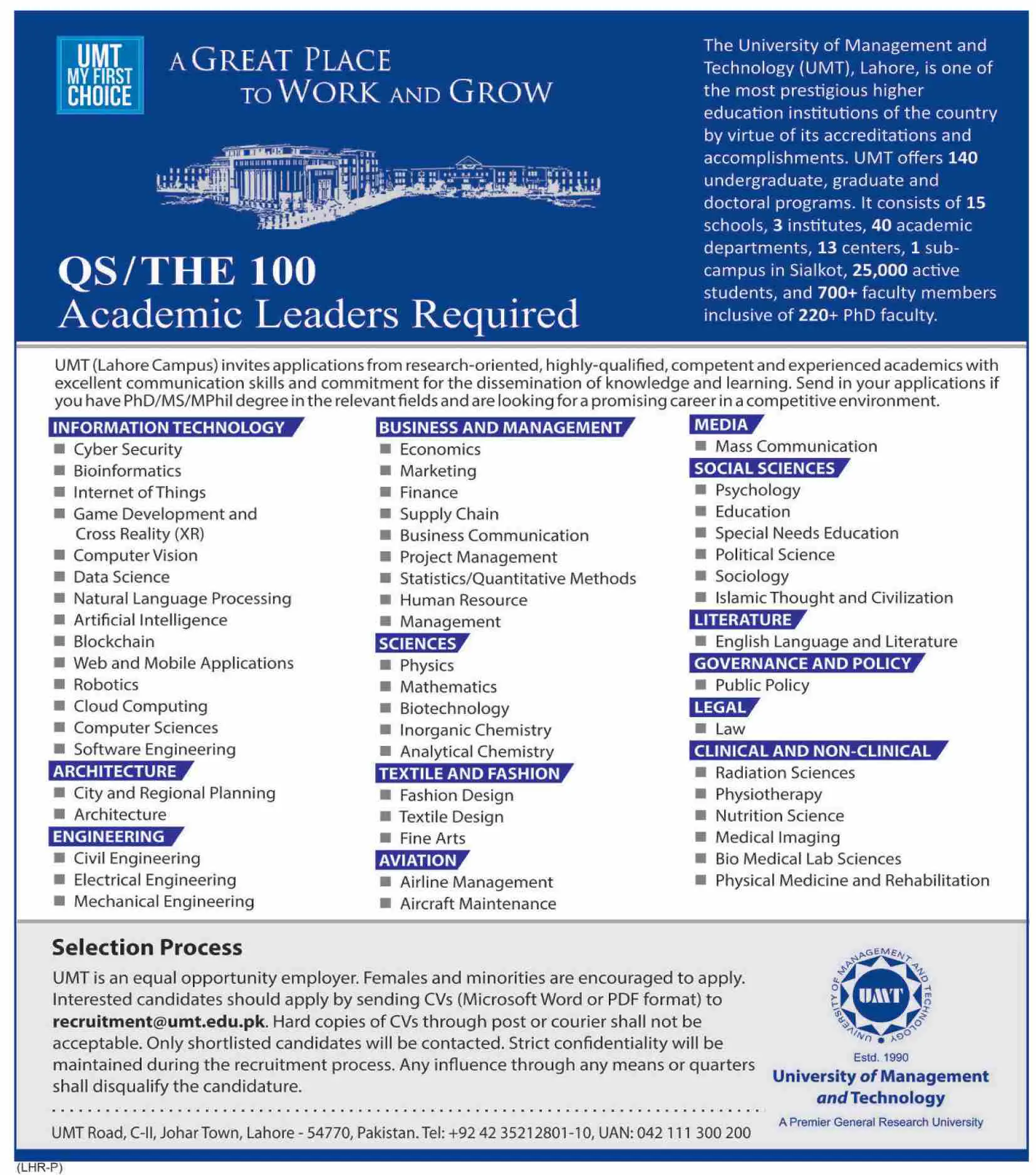 Academic Leader jobs at UMT Jan 2021
