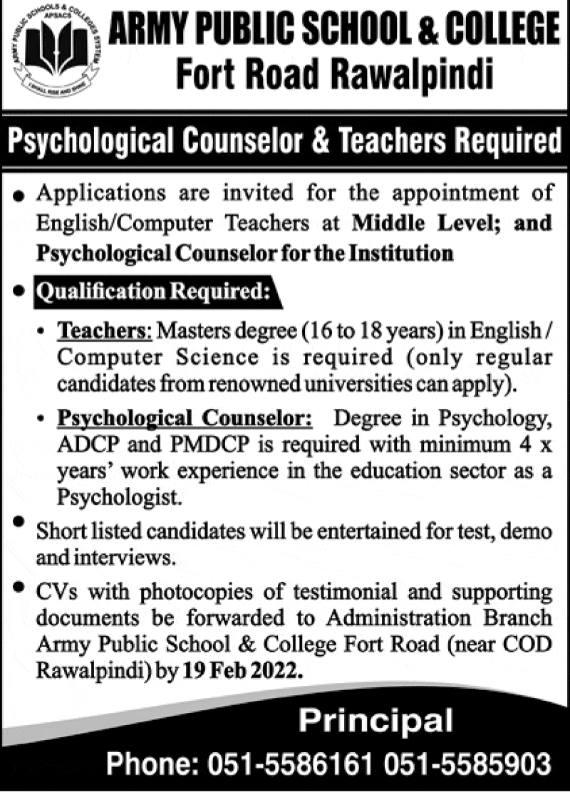Psychological Career Counselor Jobs in Army Public School and Colleges Feb 2022