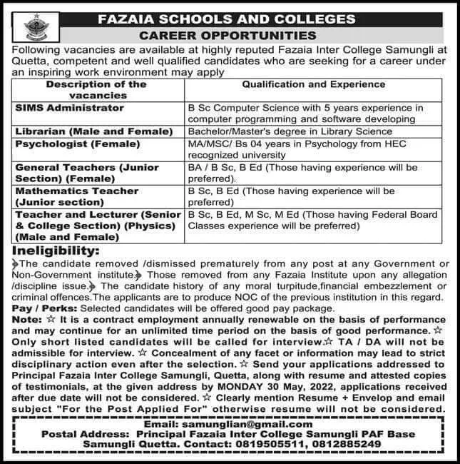 Psychologist Jobs at Fazaia Inter College May 2022