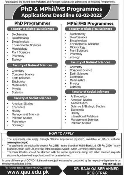 Quid-I-Azam University Islamabad Admissions Jan 2022