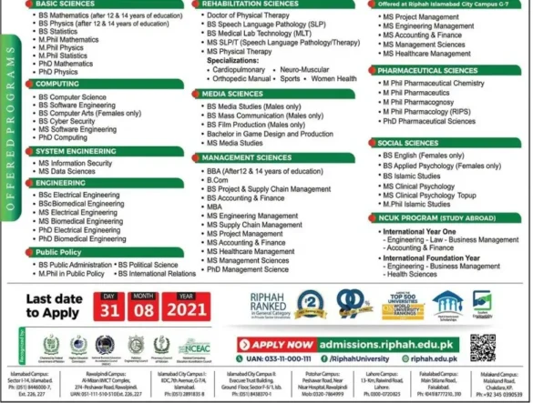 Riphah International University Islamabad Admissions for August 2021