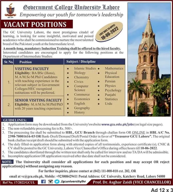 Faculty Jobs in GC University Lahore May 2022