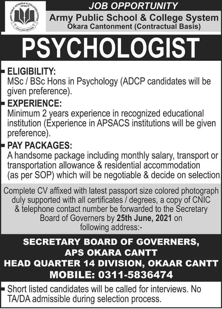 Psychologist jobs in APSC June 2021