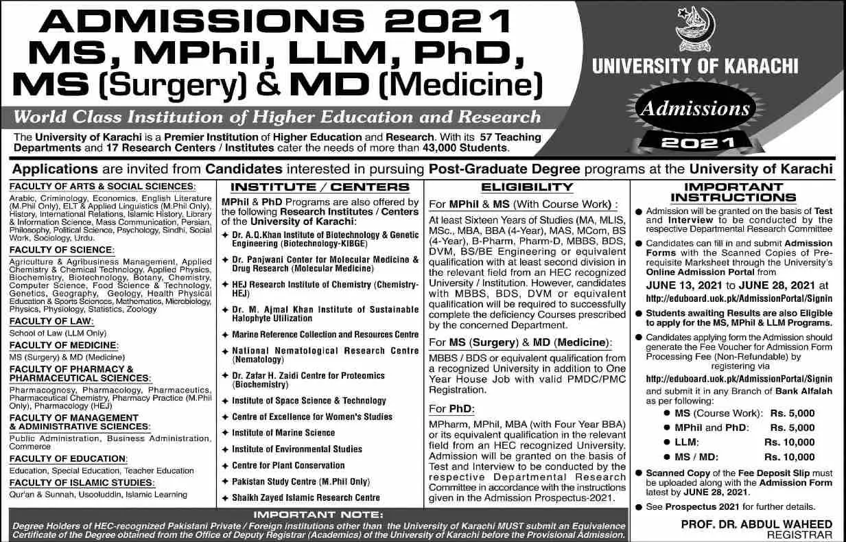 University Of Karachi Admissions June 2021