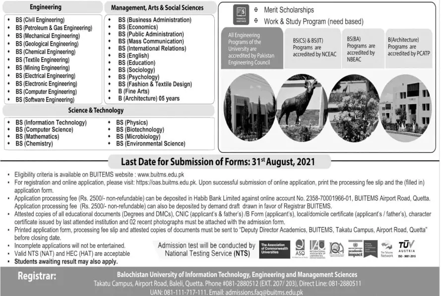 Balochistan University Of It & Management Sciences Admissions August 2021