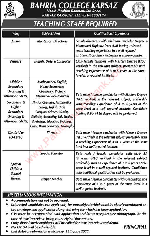 Faculty Jobs in Bahria College June 2022