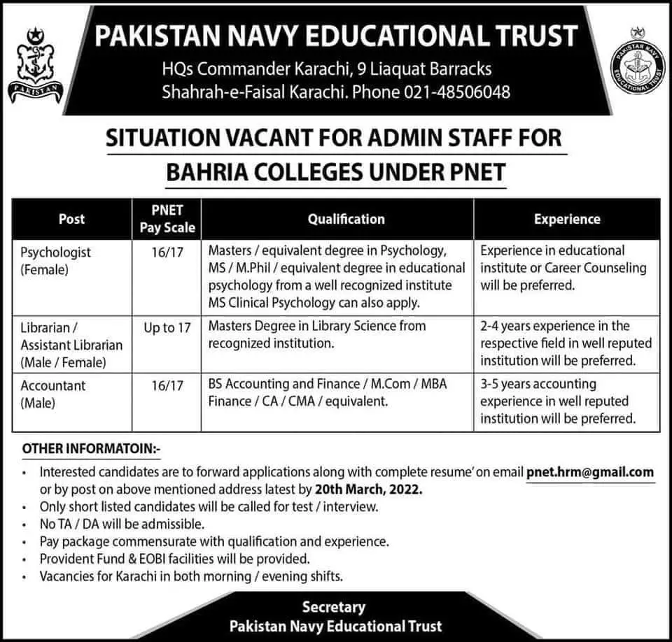 Psychologist Jobs in Pakistan Navy Educational Trust March 2022