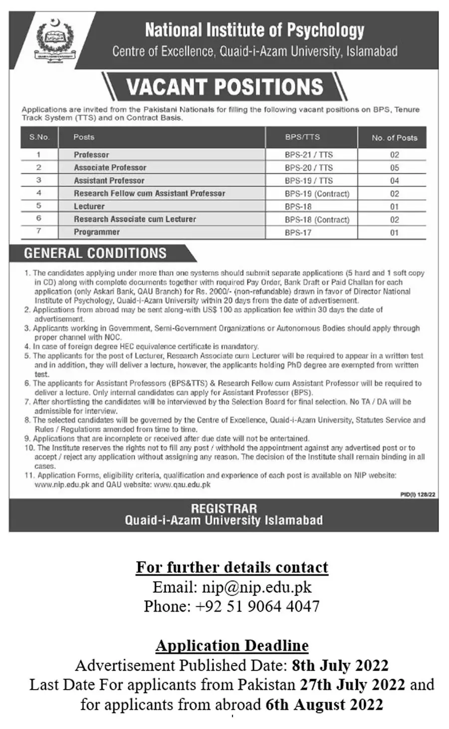 Faculty Jobs at National Institute of Psychology QAU July 2022