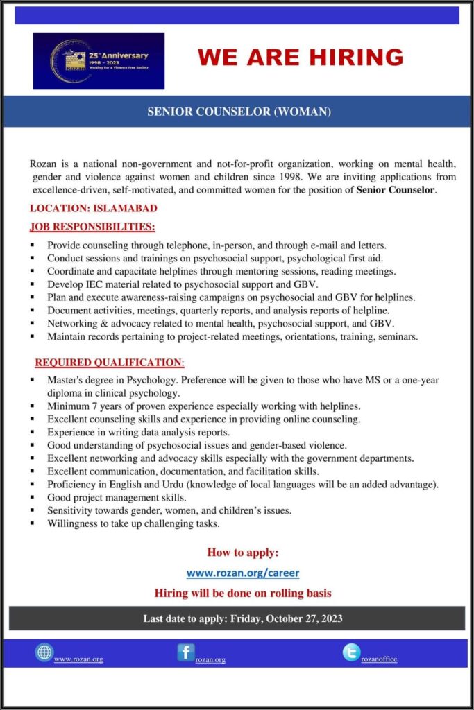 Counselor jobs at Rozan October 2023